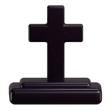 3D Glossy Black Cross Tombstone Isolated on White