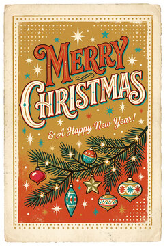Retro mid century christmas flyer poster template with decorative pine branch and colorful baubles on orange textured background featuring bold merry christmas typography and a happy new year message