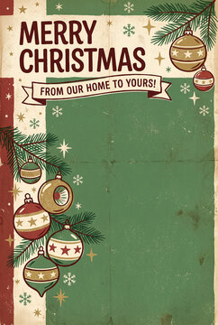 Retro christmas poster template from our home to yours with various hanging seasonal decorations, evergreen tree branches, and festive typography on distressed background