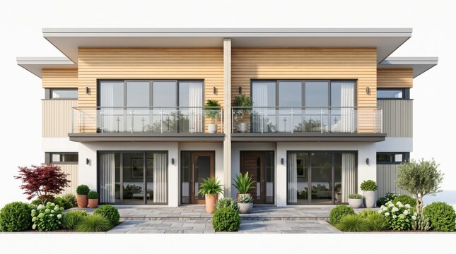 Modern duplex house with wood siding and balcony