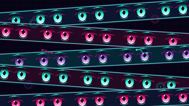 Abstract stylized digital motion video featuring vibrant blinking anime eyes arranged in diagonal patterns across a dark textured grid background