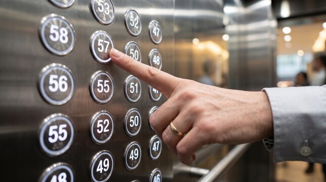 A person presses the button for the 57th floor in a modern elevator panel with metallic buttons and reflective surfaces.