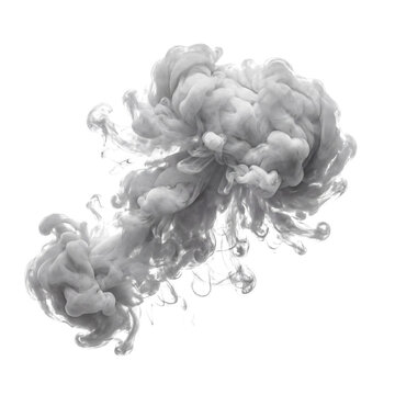 Dramatic white ink cloud dispersing in water, creating a voluminous, textured abstract shape.