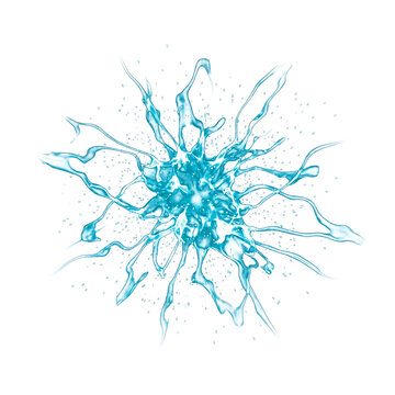 Dynamic blue liquid splash with intricate tendrils and small droplets.