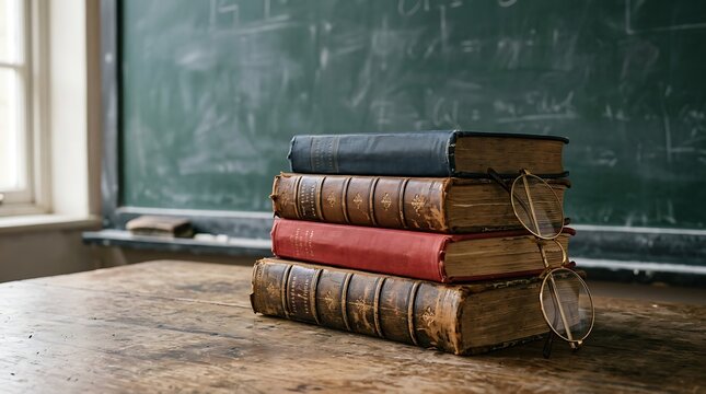 Stack of old colorful books in classroom setting.