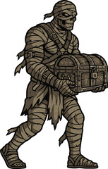 Fototapeta premium An ancient mummy character carrying a heavy treasure chest.