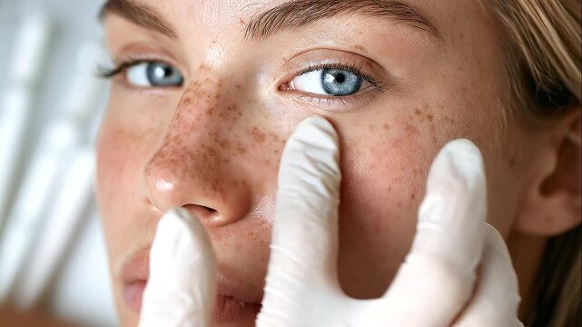 Macro close-up of a professional cosmetologist's gloved fingers gently examining the texture of a young woman's cheek, careful skin assessment, dermatologist consultation, skincare analysis, aesthetic