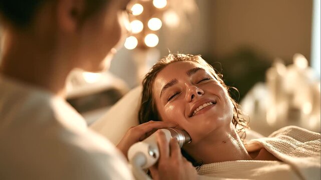 Professional female cosmetologist performing a facial cleansing treatment on a smiling young female client in a modern spa or clinic, skin care routine, rejuvenation procedure, beauty and wellness con