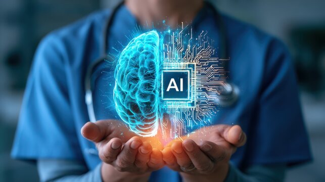 A digital hologram of a brain integrated with an AI chip floats above a person's hands, symbolizing artificial intelligence and human cognition merging.