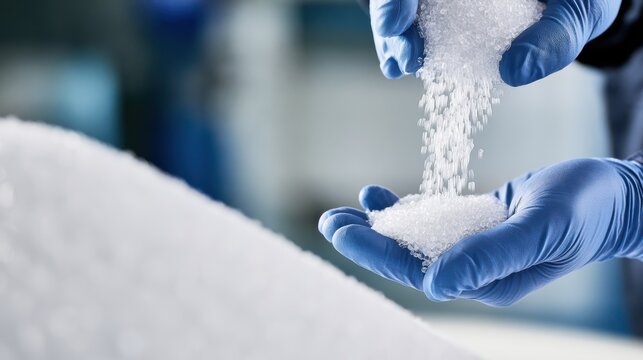 A close-up of hands wearing blue gloves pouring white plastic pellets, likely in a manufacturing or recycling setting.