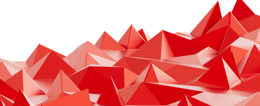 Abstract 3D render of red and orange geometric polygons and pyramids on a black background.