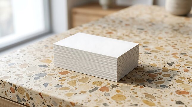 Blank white business card stack mockup on a terrazzo stone countertop with natural lighting