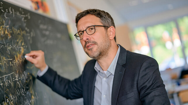 Candid medium shot of a focused young man in an elegant suit solving a difficult quadratic equation on a blackboard, pausing thoughtfully with chalk in hand, realistic handwritten mathematical calcu
