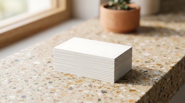 Minimalist stack of blank white business cards on a stone surface with natural window light