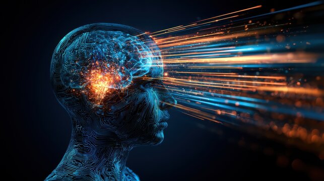 A digital representation of a human head with illuminated brain circuits, projecting streams of light symbolizing data flow and neural activity.