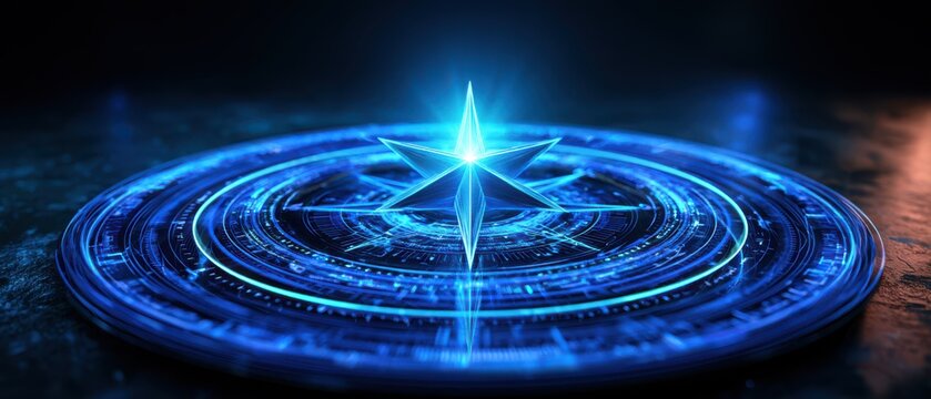 A glowing blue futuristic compass rose with intricate digital circuits radiating light on a dark surface.