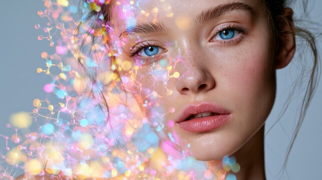 A close-up of a woman's face with blue eyes, overlaid by a colorful molecular structure, blending human beauty with scientific imagery.