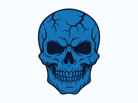 A detailed illustration of a cracked blue human skull with an aggressive expression.