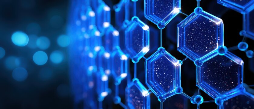 Close-up of a glowing blue hexagonal molecular structure representing scientific or technological innovation.