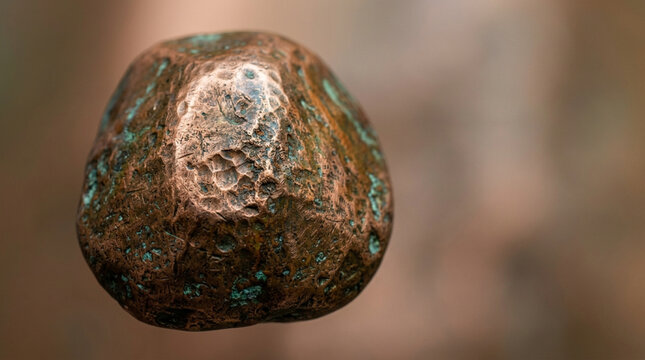 Close up of ancient weathered copper coin artifact with patina texture