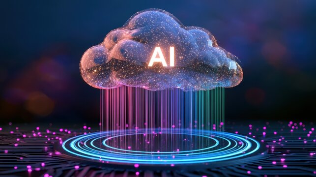 A digital cloud labeled "AI" emits colorful data streams onto a futuristic circular platform, symbolizing artificial intelligence and cloud computing technology.