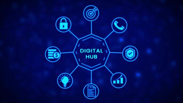 Neon blue abstract infographic diagram with interconnected nodes representing business goals communication security and data analysis on a dark digital map background Keywords: infographic diagram