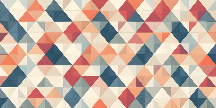 Geometric Pattern of Triangles and Diamonds: A vibrant and intricate geometric pattern composed of repeating triangles and diamond shapes in a retro color palette of red, blue, and cream.