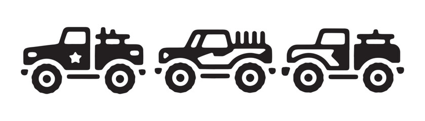 Monster truck silhouette collection featuring off road 4x4 vehicles with big wheels and star logo. © MdAshiqur