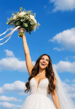 Joyful bride celebrating her wedding day by lifting a beautiful flower bouquet up to the blue sky