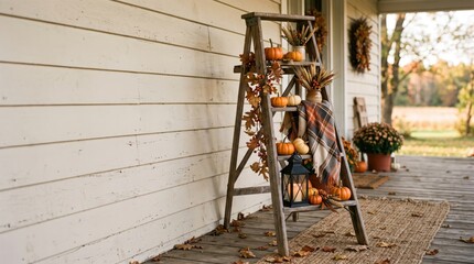 Autumn rustic wooden ladder porch decoration with pumpkins and plaid blanket, halloween concept, copy space © sumana