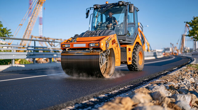 Heavy steamroller compacting fresh asphalt on a bridge construction project, hot black pavement extending toward the horizon, steam drifting across metal guardrails, cranes and structural elements v