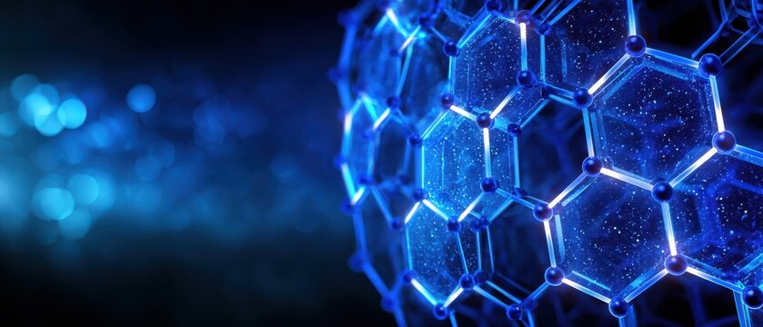 Blue illuminated hexagonal molecular structure on a dark background with glowing particles and a futuristic design.