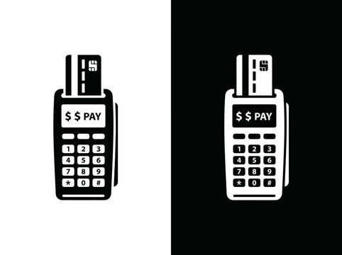 Pos terminal inserting card outline and black fill icon set with terminal silhouette transaction