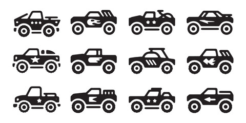 Collection of monster truck icons with stars and racing graphics for stylized transport design. © MdAshiqur