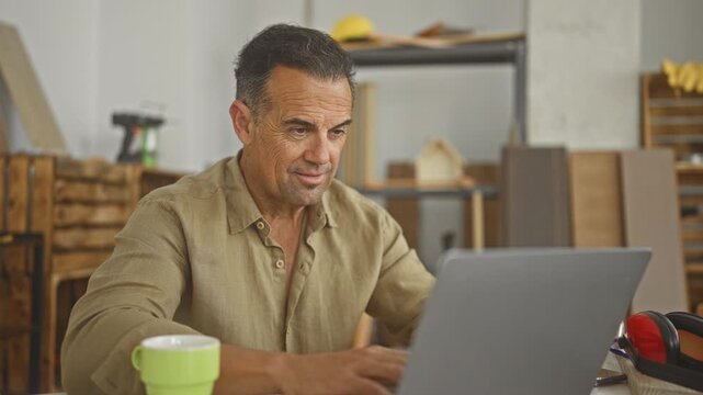 Man carpenter typing on laptop at a workshop table with coffee, wood planks and ear muffs in studio; quiet concentration.