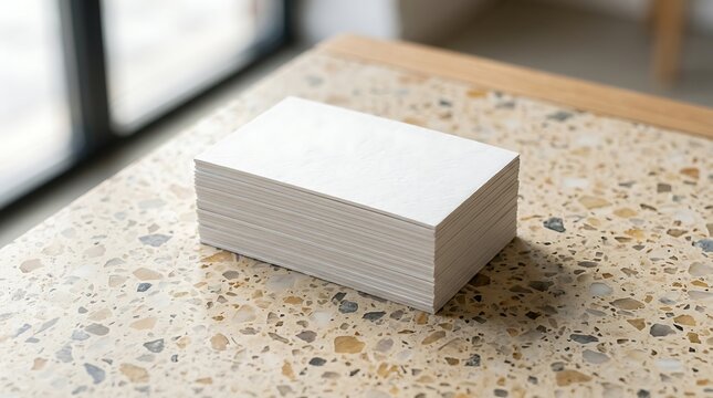 Stack of blank white business cards on a textured terrazzo surface with natural lighting