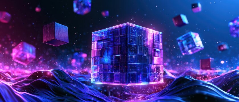A glowing, futuristic transparent cube hovers above a wavy surface surrounded by smaller floating cubes in a neon-lit, digital sci-fi environment.
