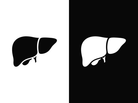 Outline and black fill icon set featuring human liver with gallbladder