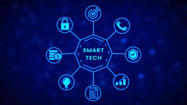 Neon blue abstract infographic diagram with interconnected nodes representing business goals communication security and data analysis on a dark digital map background Keywords: infographic diagram