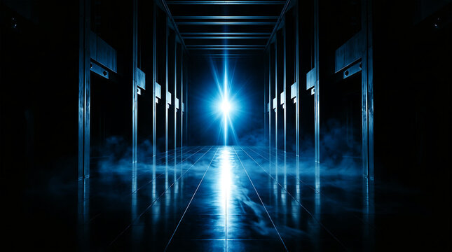 Blue glowing light beams in dark futuristic corridor