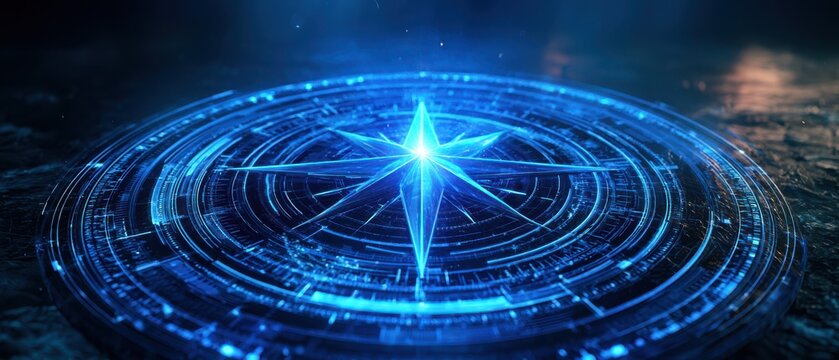 A glowing blue digital compass rose is displayed on a dark, futuristic surface, symbolizing navigation and technology.