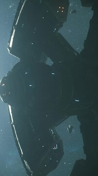 A large spacecraft is silhouetted against a distant star, surrounded by asteroid fragments.