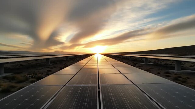 Elongated evening clouds stream toward a blazing horizon above a solar-integrated desert roadway, casting warm reflections across modular panels and futuristic sustainable transport infrastructure