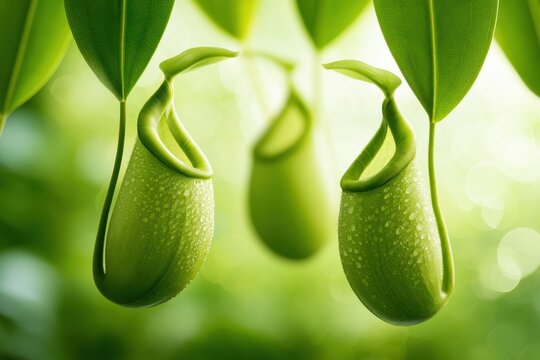 Tropical pitcher plants with droplets inside a humid greenhouse, carnivorous botany, lush macro photography
