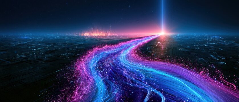 A glowing, futuristic river of blue and pink light flows through a dark cityscape, leading to a bright, radiant horizon.