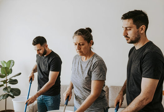 Housework and family cooperation, mother and adult sons cleaning home together with mops and buckets for spring cleaning and domestic maintenance tasks