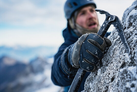 Ice climber gripping a frozen rock face with an ice axe
