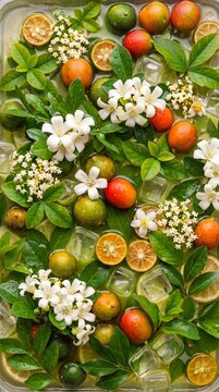 Overhead macro background of Murraya paniculata orange jessamine white flowers, leaves, ice cubes, and small citrus fruits. Floral beverage