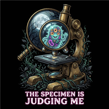 Vintage Microscope Viewing Cute Glowing Multi Eyed Microbe The Specimen Is Judging Me Funny Science Vector Illustration