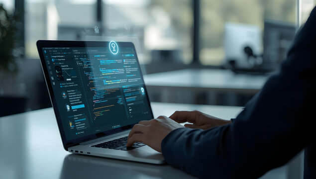 Coding in progress: A person's hands typing on a laptop with lines of code displayed on the screen, showcasing the process of software development and digital creation.